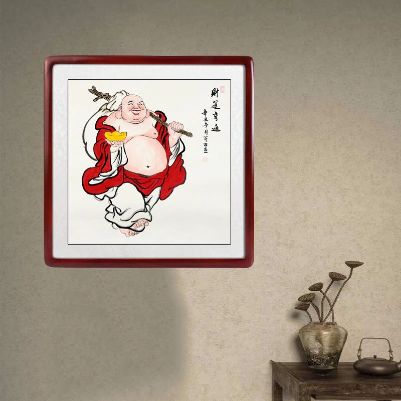 手绘笑口常开大肚弥勒佛挂画客厅餐厅玄关斗方书房国画人物装饰画