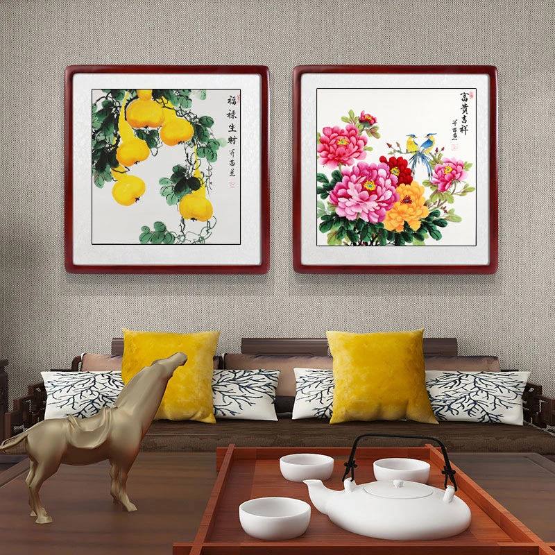 客厅手绘五福临门葫芦梅花图挂画玄关牡丹餐厅事事如意柿子国画