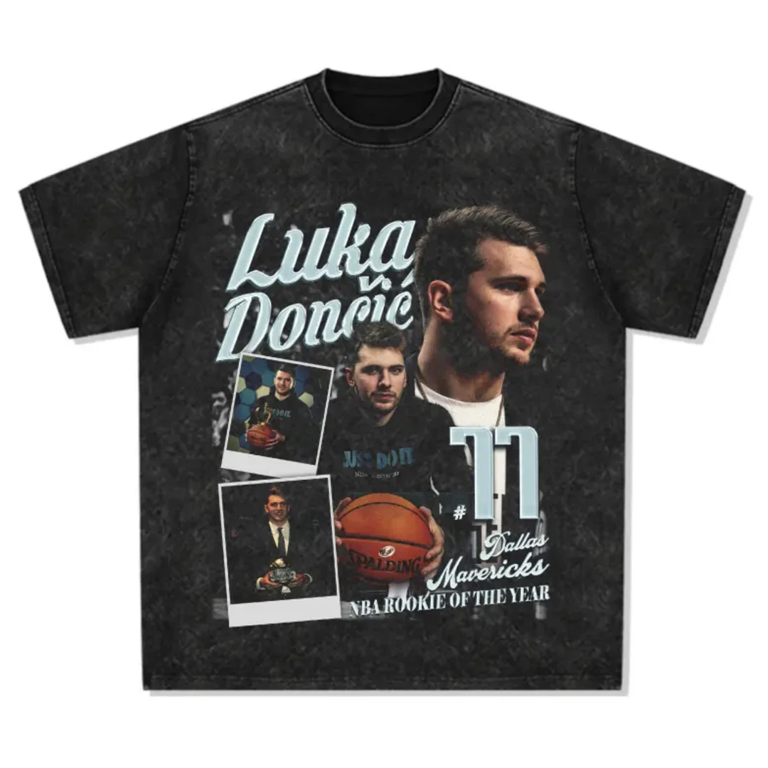 东契奇印花美式复古做旧水洗重磅T恤国潮流行高街头纯棉短袖上衣