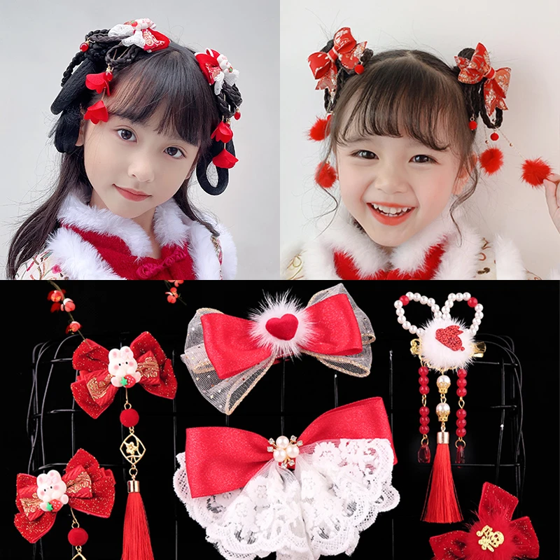 儿童兔年汉服发夹头饰新年中国风女童拜年发卡宝宝花朵复古发饰