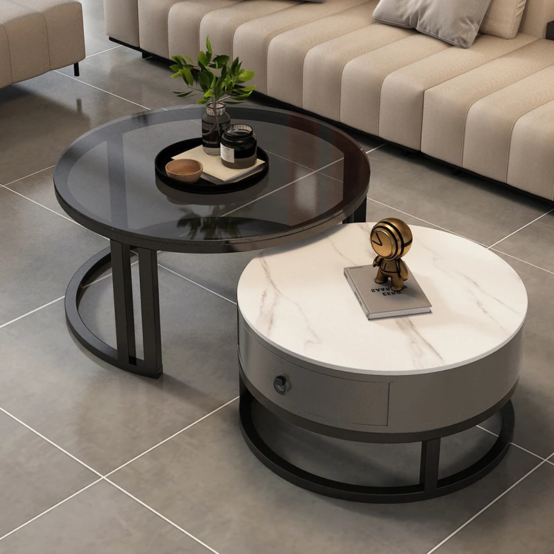 圆形岩板茶几现代轻奢家用小户型客厅出租房简约爆款组合桌子边几