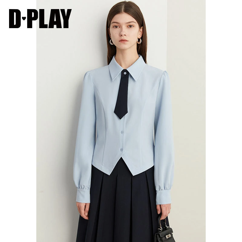 DPLAY2023秋新学院风空气蓝翻领可拆卸领带不规则斜角下摆衬衫