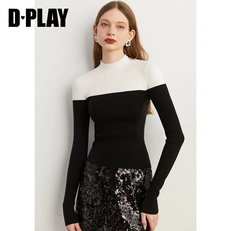 DPLAY2023新法式经典气质黑白拼色上衣软糯亲肤长袖针织打底衫