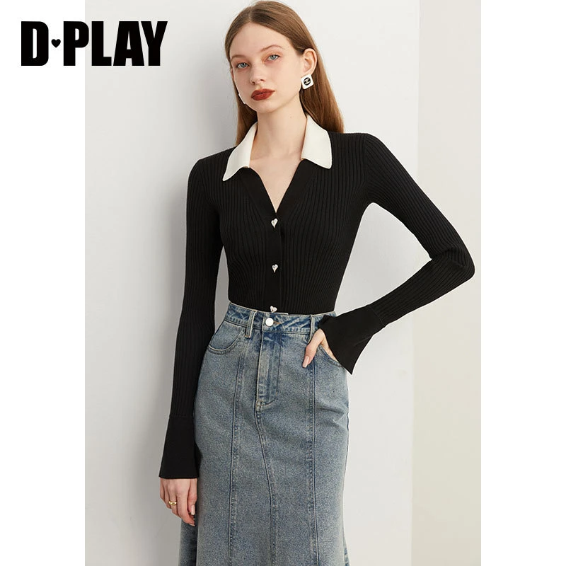 DPLAY2023秋通勤经典黑修身撞色POLO领爱心纽扣针织开衫外套