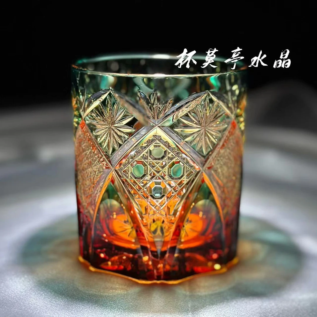 限量 满功具象双套色水晶杯 江户切子收藏级手工雕威士忌酒杯茶杯