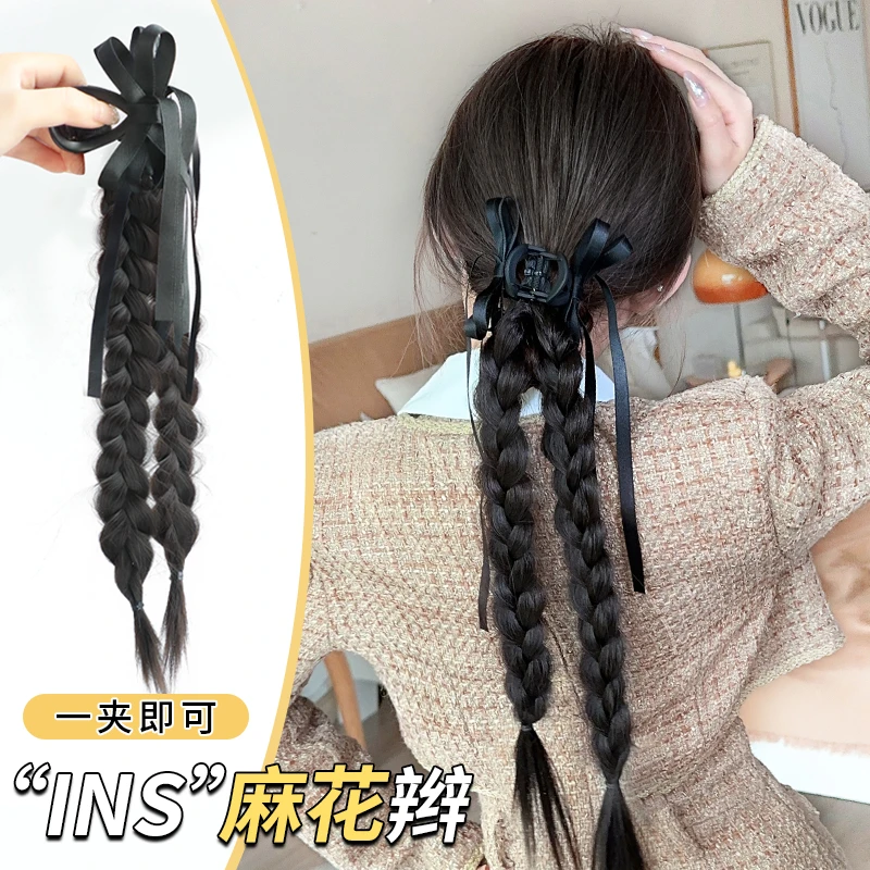 假发辫子女鱼尾麻花辫仿真发芭蕾风自然甜美丝带抓夹双辫马尾假发