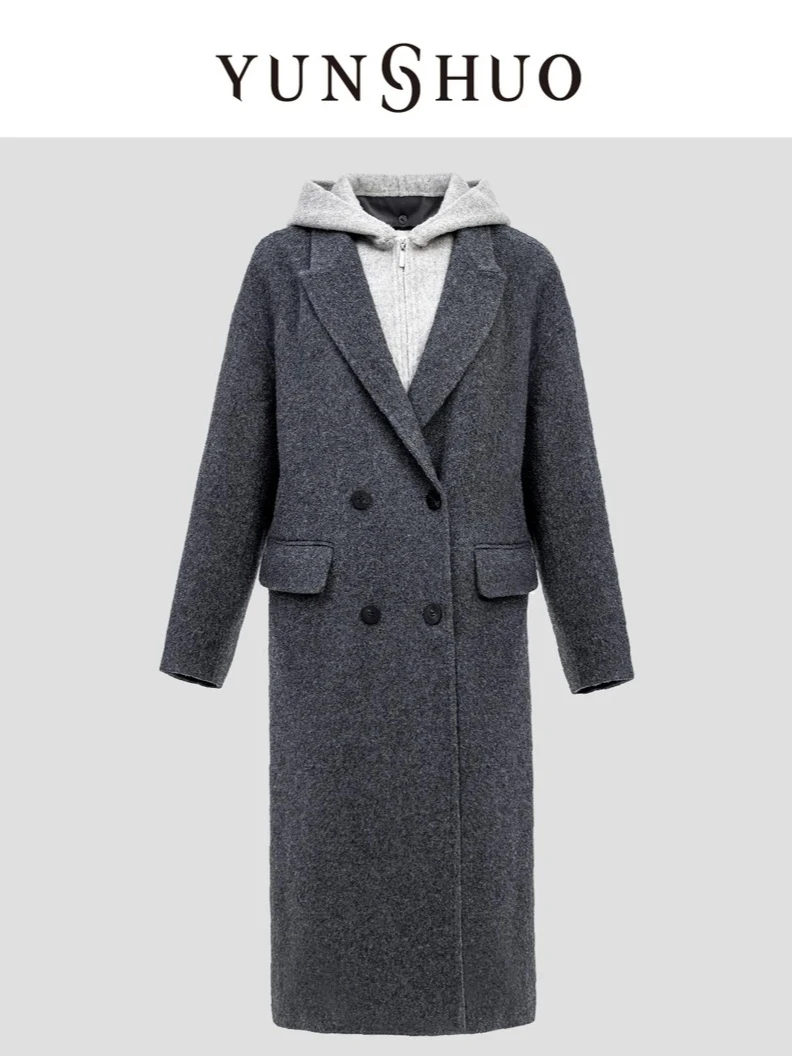 YUNSHUO允硕秋冬新品时尚百搭宽松女连帽气质简约大衣外套499149