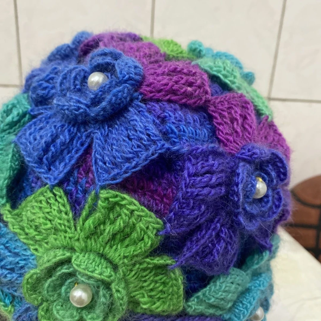 成品纯手工编织立体芙蓉花段染染花双层帽毛线钩织毛线帽混色