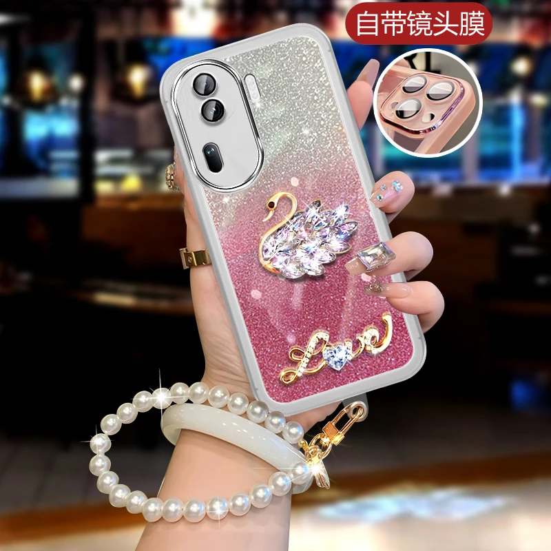 OPPOreno11女士手机壳防摔珠链PJH110奢华水钻天鹅reno十一全包边