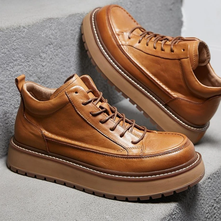 马皮2024新款秋冬季马丁靴男真皮复古工装靴男皮靴休闲中帮皮鞋男