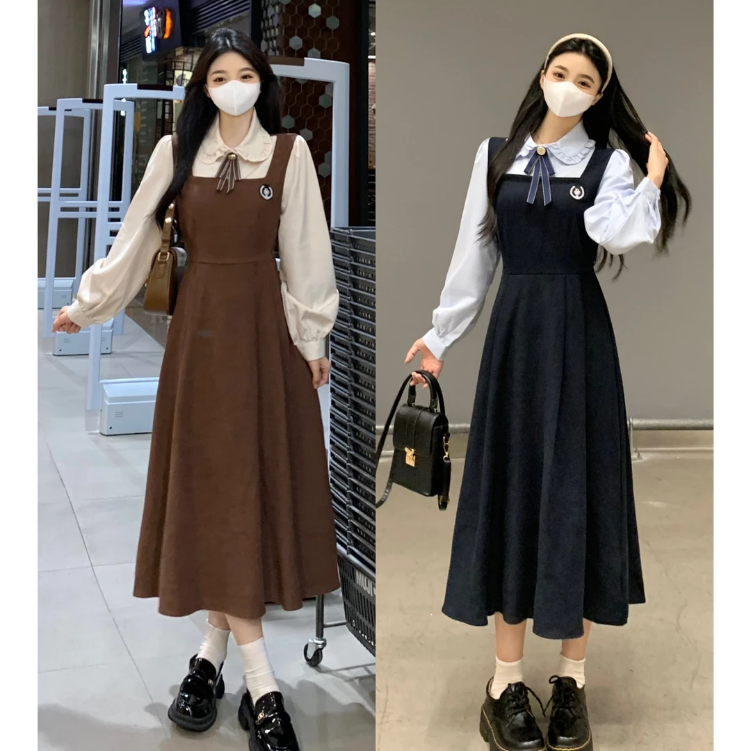 【曼哈顿学院】大码女装假两件徽章美式复古学院风娃娃领连衣裙显瘦