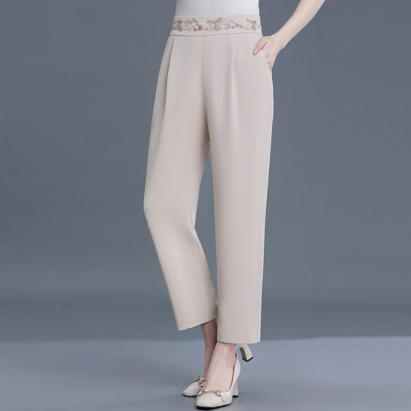 妈妈装新中式薄款夏季中年高腰裤透气亲肤显瘦稳重直通纯色休闲裤