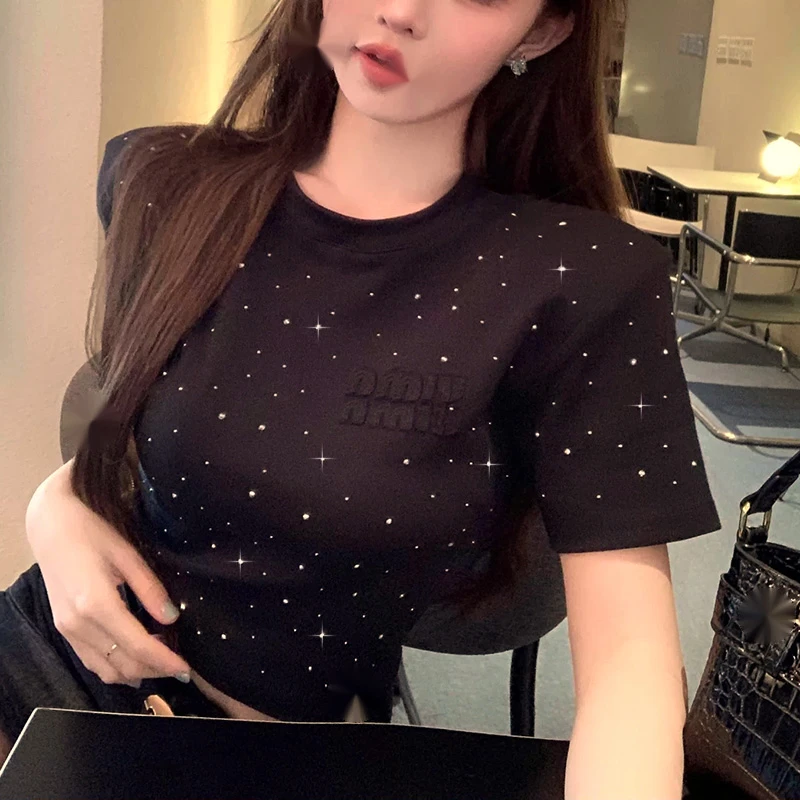 字母烫钻T恤夏季2024年时尚洋气百搭显瘦黑色短袖上衣女装圆领