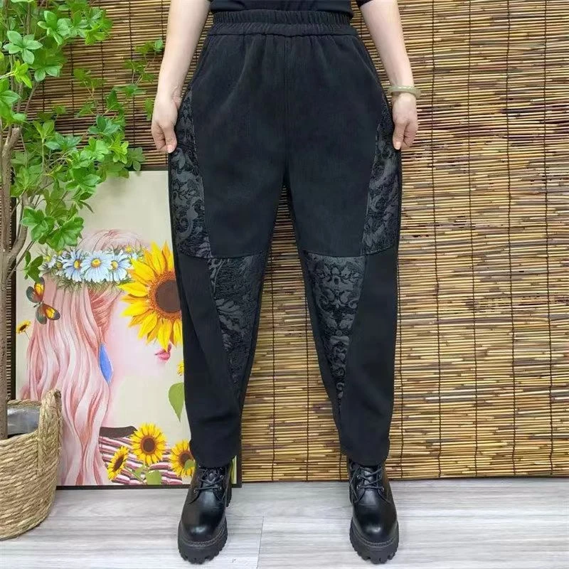冬季新款暗花拼接加绒加厚时尚洋气休闲哈伦裤40-60岁妈妈保暖裤
