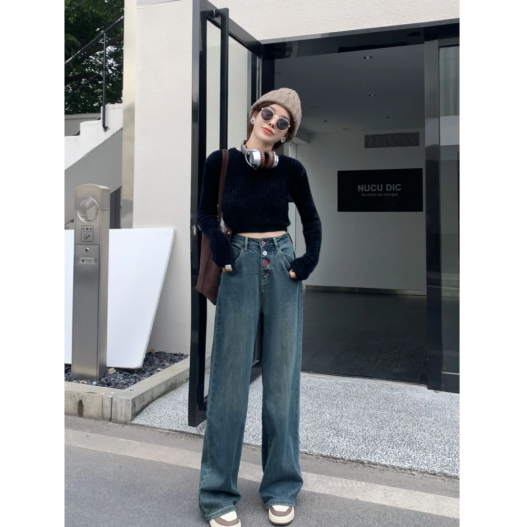 【牛仔外卖】秋季窄版阔腿裤彩虹扣设计修身显瘦F672466