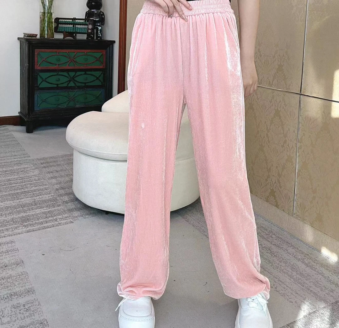 【颜好】8666净版金丝绒百搭阔腿裤显高显瘦纯色简约高腰直筒拖地裤