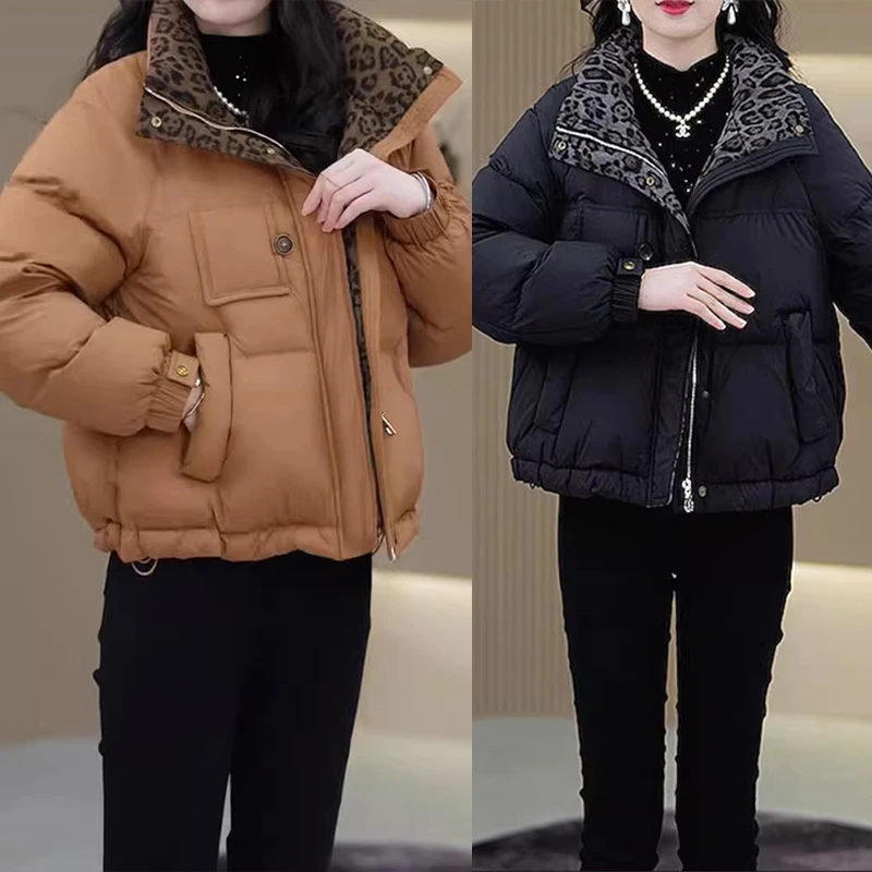 豹纹拼接款短棉衣保暖加厚外套时尚宽松面包服女显瘦冬季短棉服