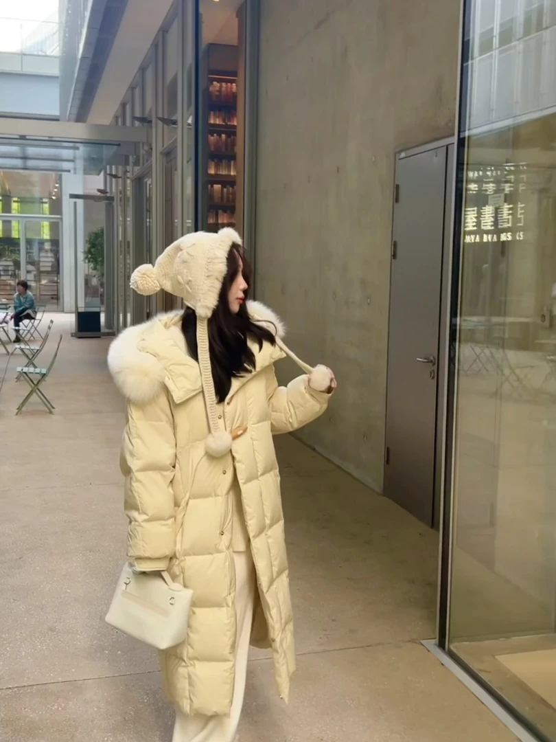 FAR ZOOM 冬新款时尚狐狸大毛领长款加厚白鸭绒羽绒服