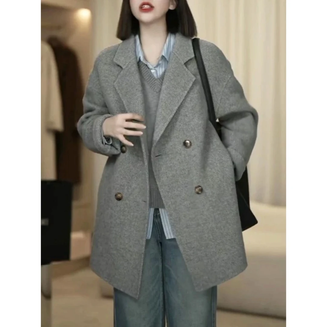 斜纹2024秋冬双面毛呢大衣气质长毛女大衣短款［８０６］