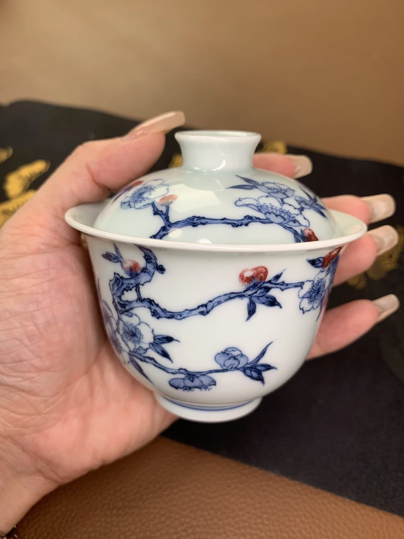 【阳春白雪】青花釉里红杏林春燕盖碗