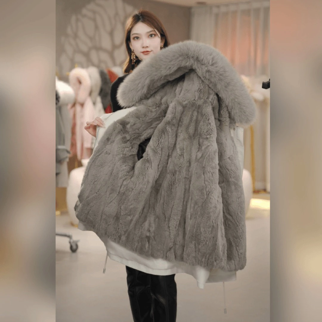 【温香玉獭兔毛】冬季新款派克服女装可拆卸