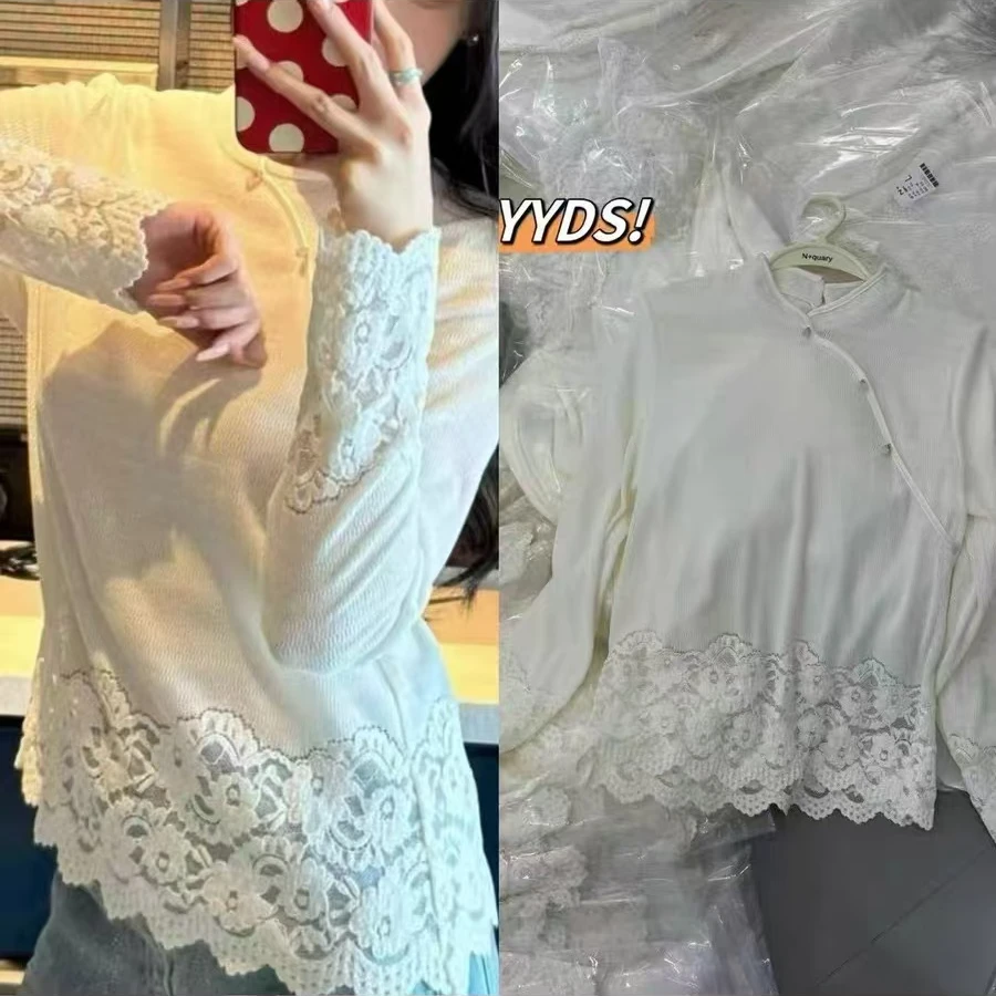2024秋冬下摆拼接蕾丝花边新中式打底衫
