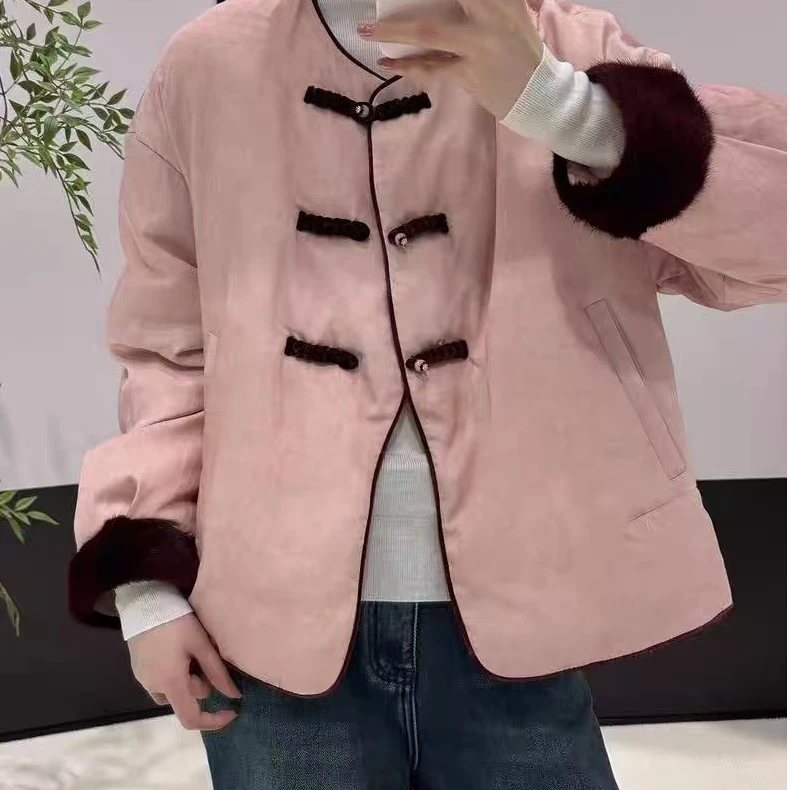 欧洲站2024冬季新款新中式国风盘扣圆领高级感拼接袖外套