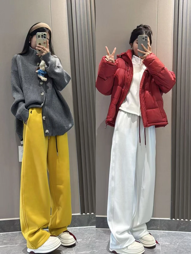 小马刺绣加绒宽松抽绳松紧腰高腰弯刀阔腿裤