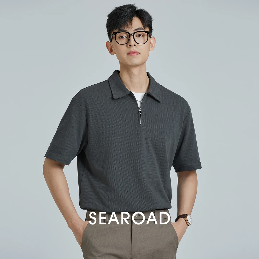 海上公路珠地网眼透气短袖polo衫男士半拉链韩版潮流休闲上衣t恤