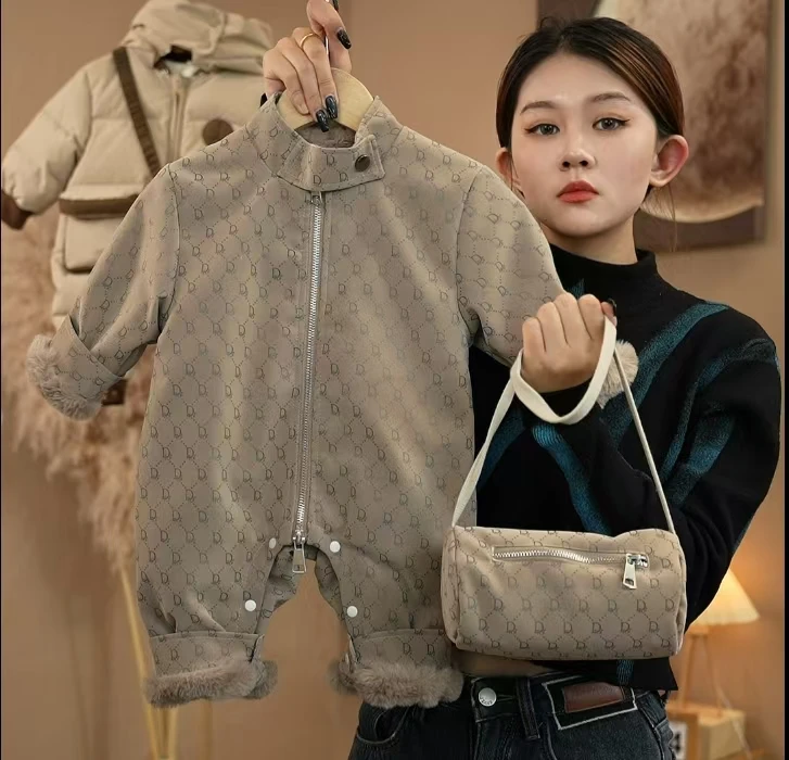 派克服秋冬季连体衣加绒男女童机车风皮夹克嘻哈风宝宝皮衣24396