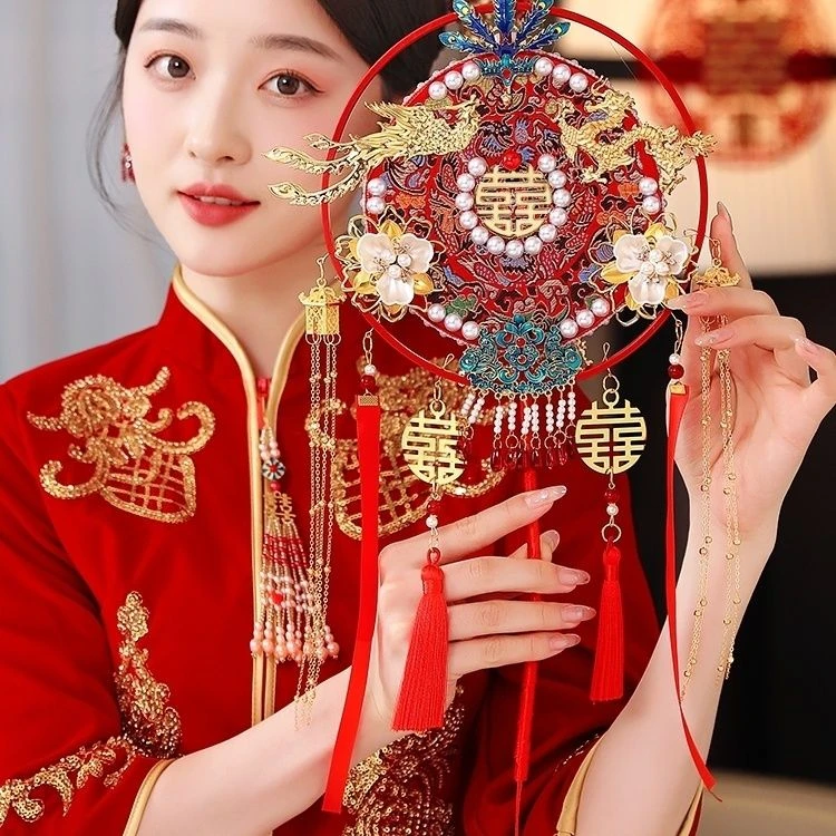 中式团扇秀禾服新娘结婚礼出嫁手工喜扇diy材料包饰 古风成品扇子