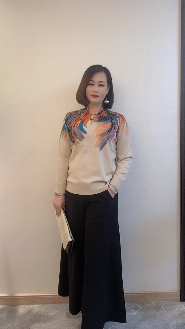 102款羽毛印花烫钻针织衫女士秋冬高贵洋气V领打底衫