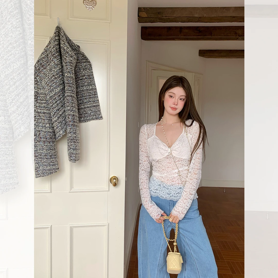 IUIU阿晶家 秋季新品 法式浪漫 白色蕾丝上衣 气质外穿设计感小衫