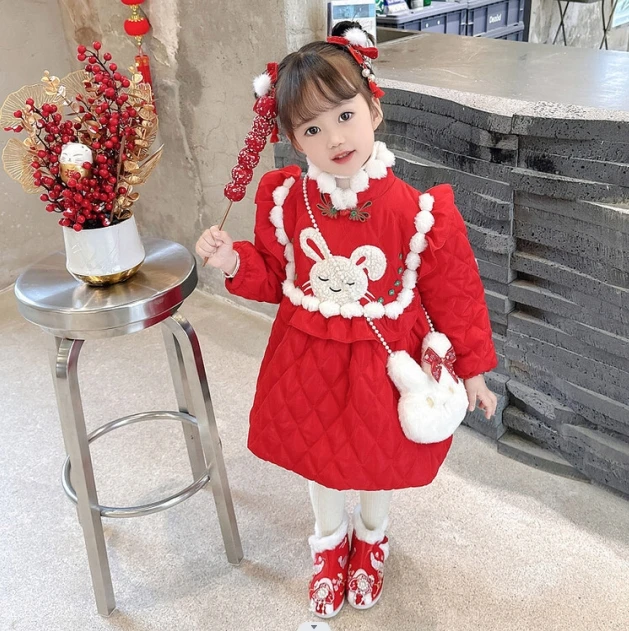 女童拜年服童装冬季加绒加厚中国风喜庆红色宝宝儿童旗袍裙
