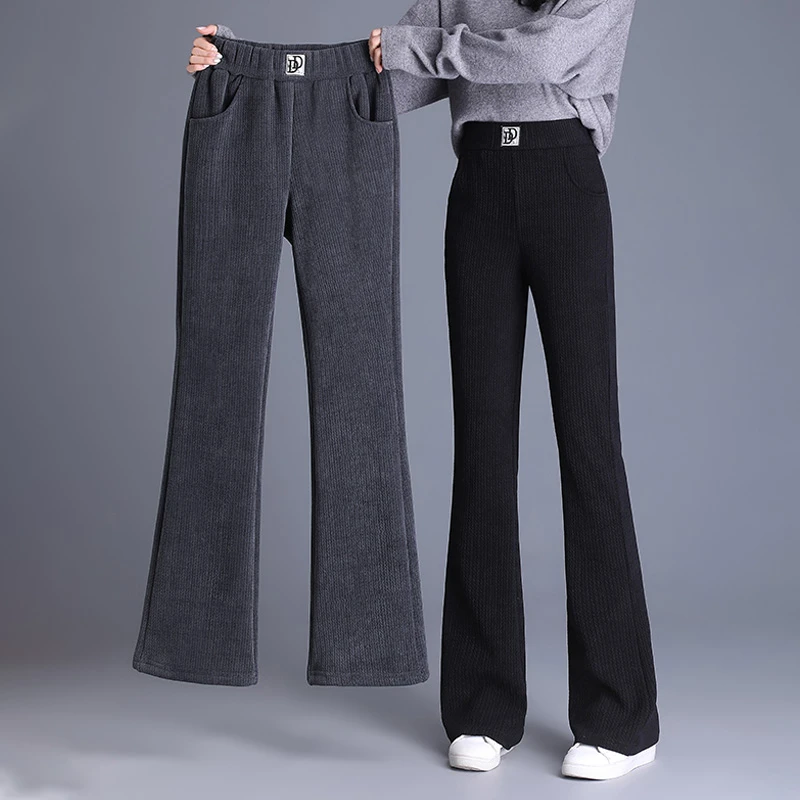 雪尼尔微喇裤女秋冬直筒中年妈妈加绒加厚裤子特厚羊羔绒保暖棉裤