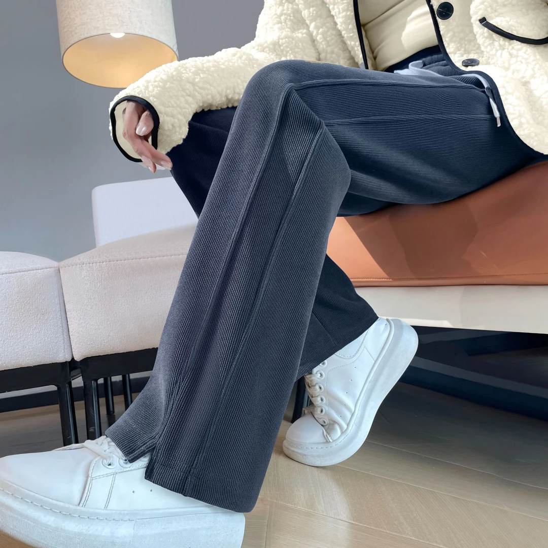 2025新款窄版阔腿裤女秋冬宽松加厚加绒大码九分休闲直筒运动裤子