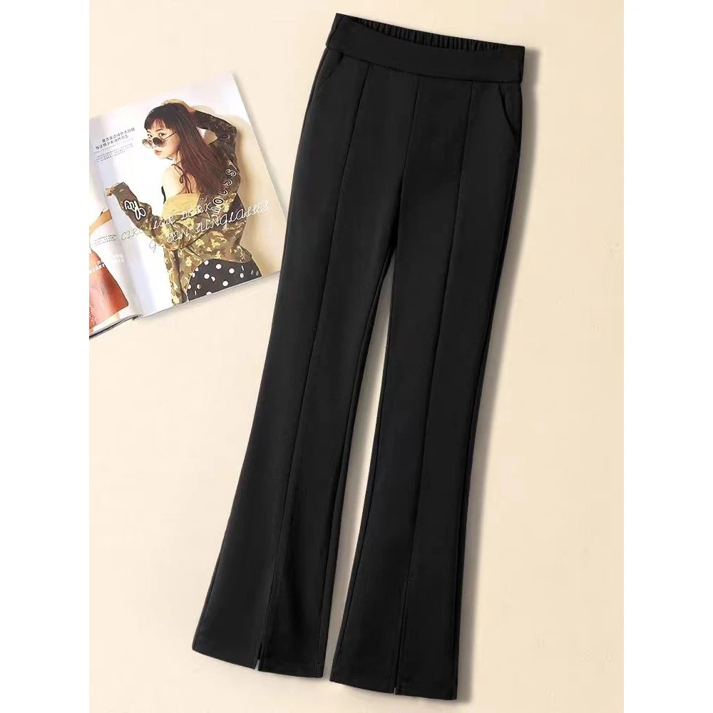 开叉微喇裤女春秋2025新款松紧高腰休闲西装裤小个子黑色喇叭裤子