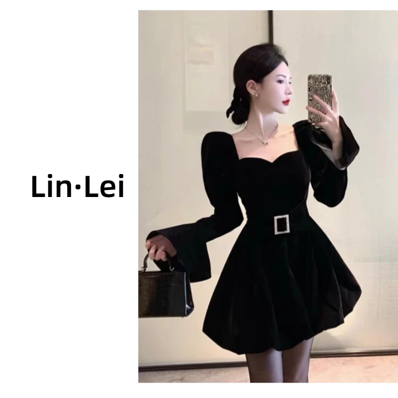 【Lin·Lei】赫本风法式高级感丝绒连衣裙女秋冬收腰公主礼服蓬蓬裙