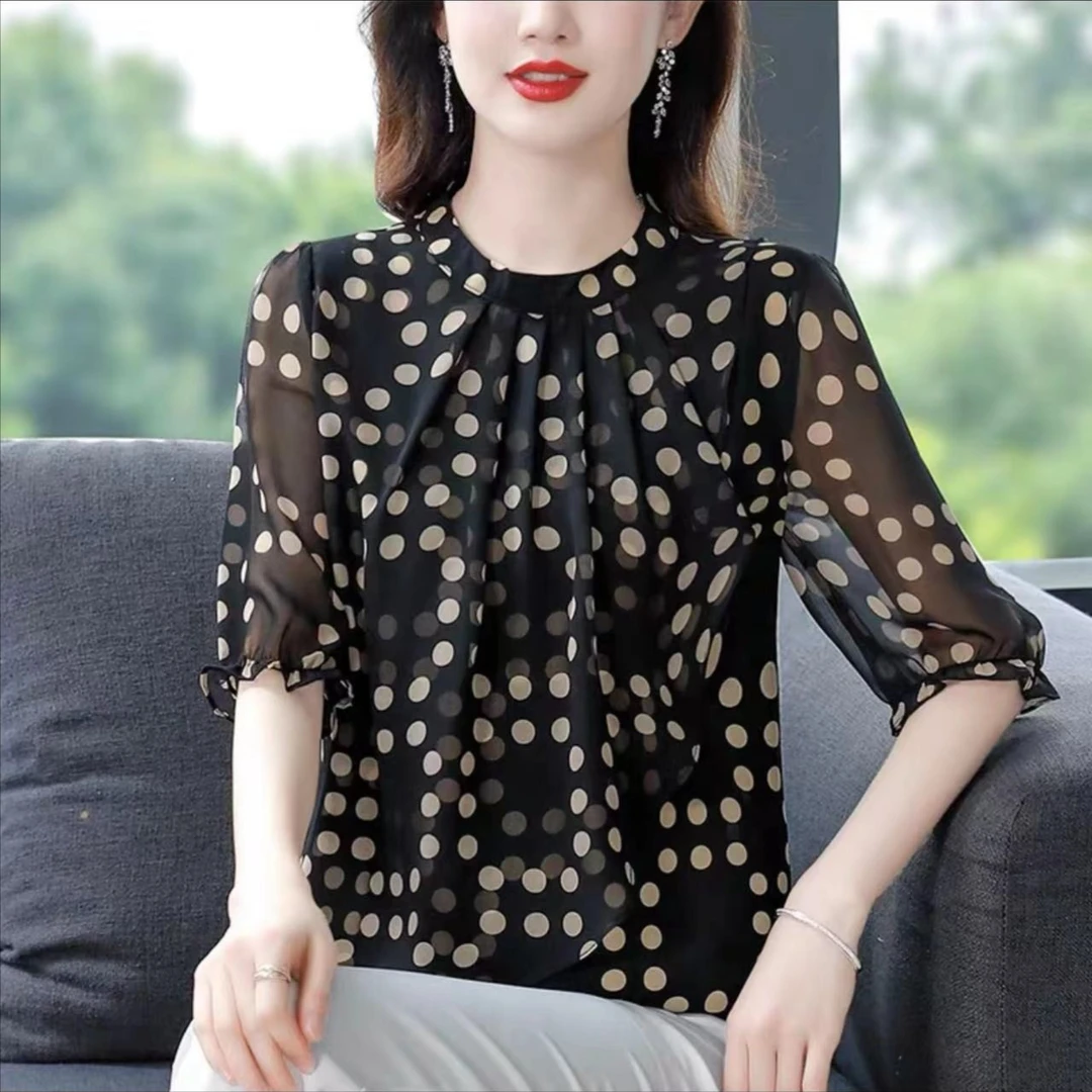 2025年新款洋气波点女短袖时尚衬衣女士小众气质大码显瘦衬衫百搭