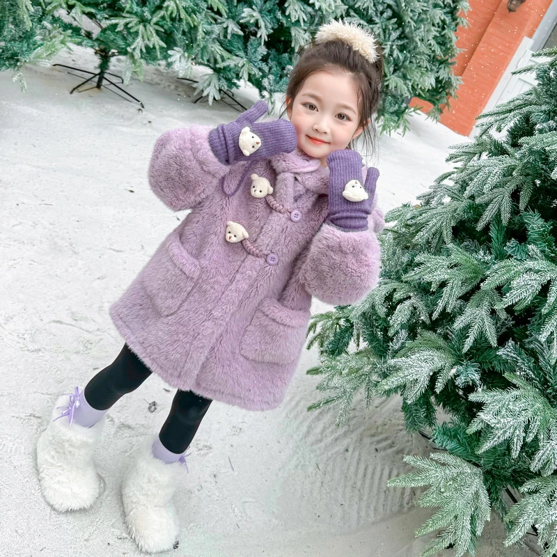 女童毛毛衣外套秋冬季2024新款加厚小女孩冬装羊羔绒儿童棉服上衣