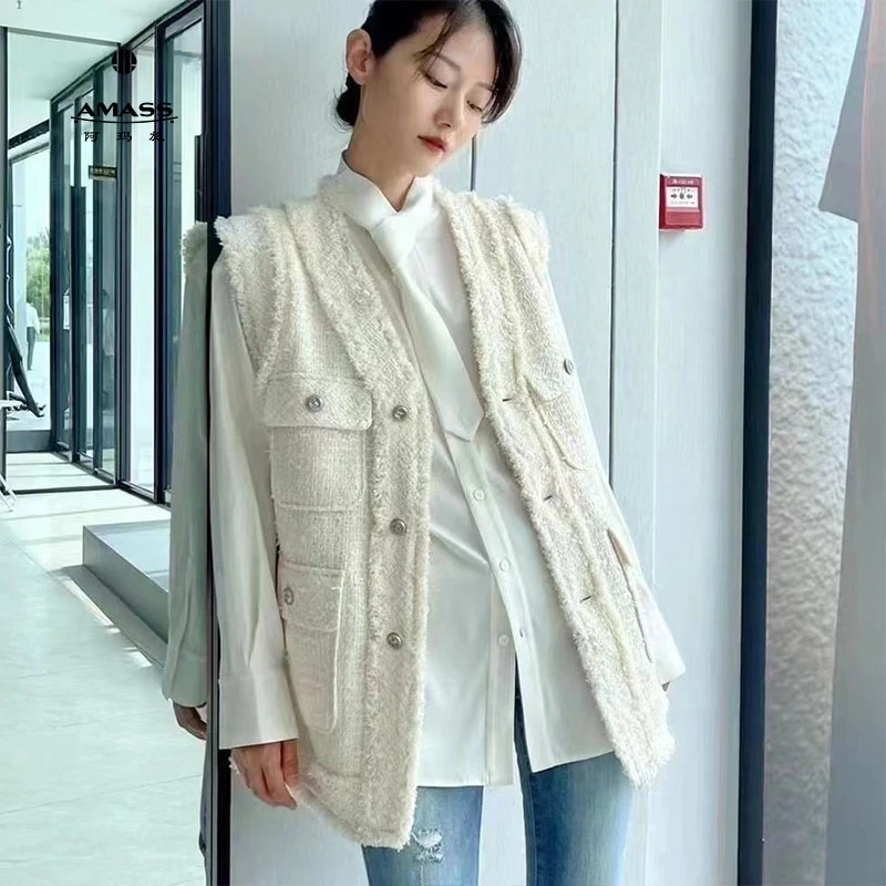 阿玛施AMASS新款时尚千金小香风单排扣花呢中长马甲外套女5400310