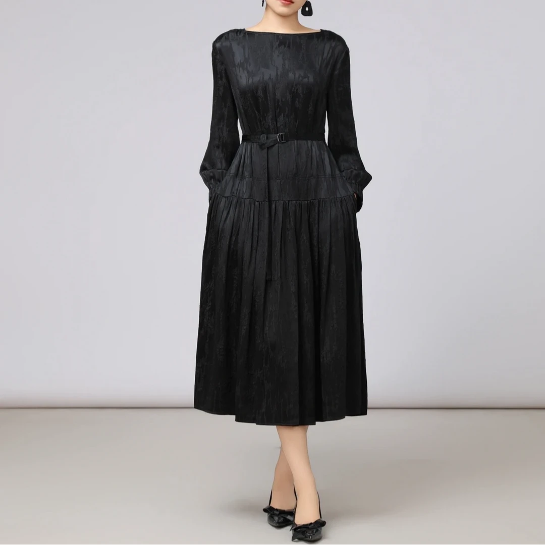 阿玛施AMASS 24年新款优雅气质桑蚕丝长袖方领连衣裙长裙5500548