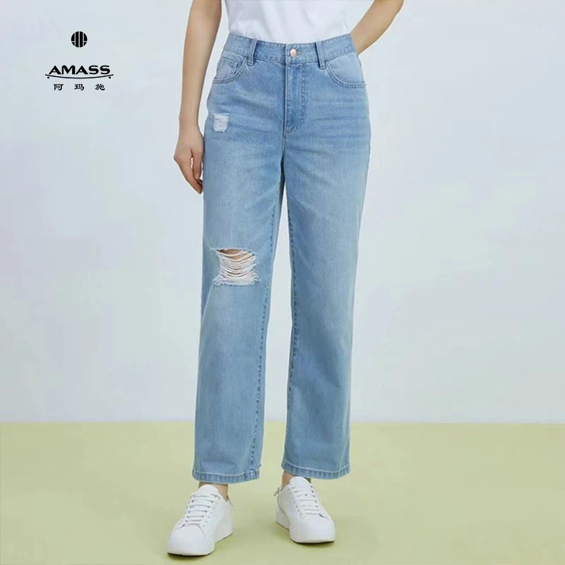 阿玛施AMASS新款高腰宽松休闲百搭时尚直筒牛仔裤5100334尤莱特