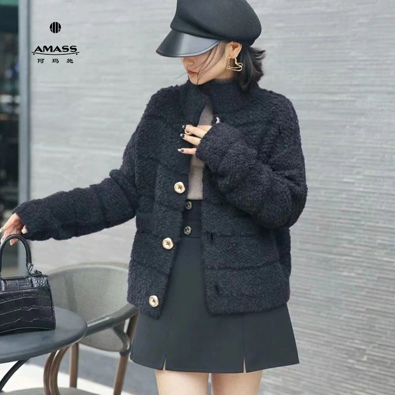 阿玛施AMASS秋冬热力感泰迪立领素色宽松厚款针织开衫外套5499153