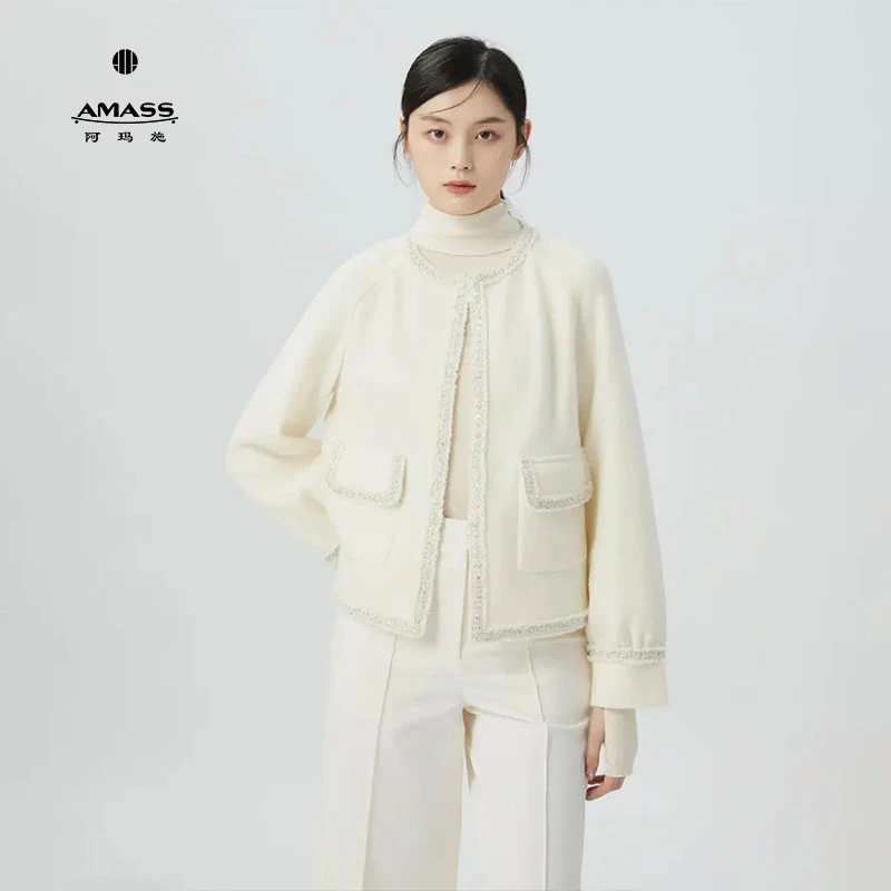 AMASS绵羊毛美拉德风百搭小香风短款长袖外套女款5400312雅丹风