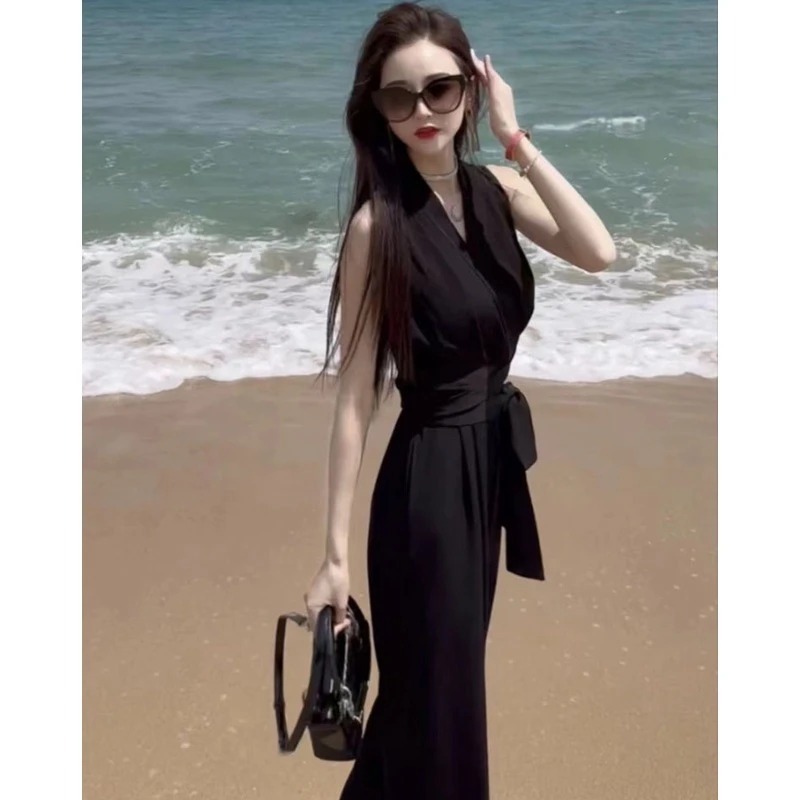 气质名媛无袖高级感连体裤垂感收腰V领高腰修身显瘦阔腿裤夏季女