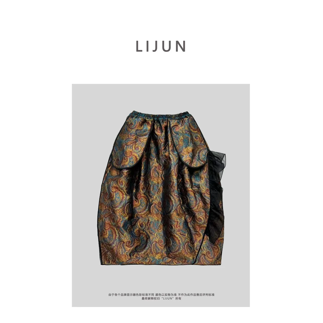 1614篱君秋季新款提花半裙古典民族风新中式设计感复古高腰半身裙