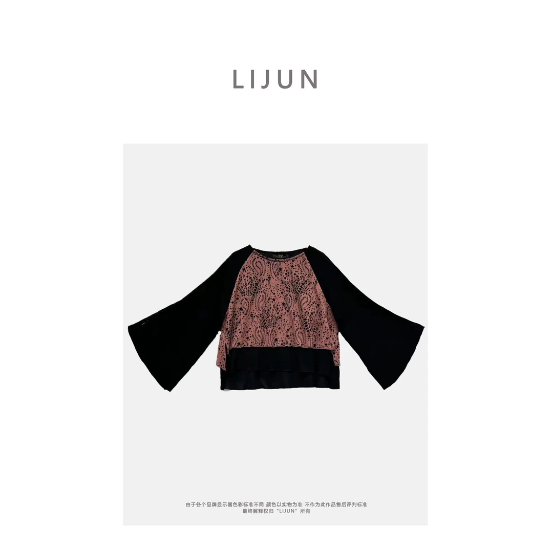 1394篱君秋季新款插肩喇叭袖打底衫黑色拼接镂空花纹休闲圆领上衣