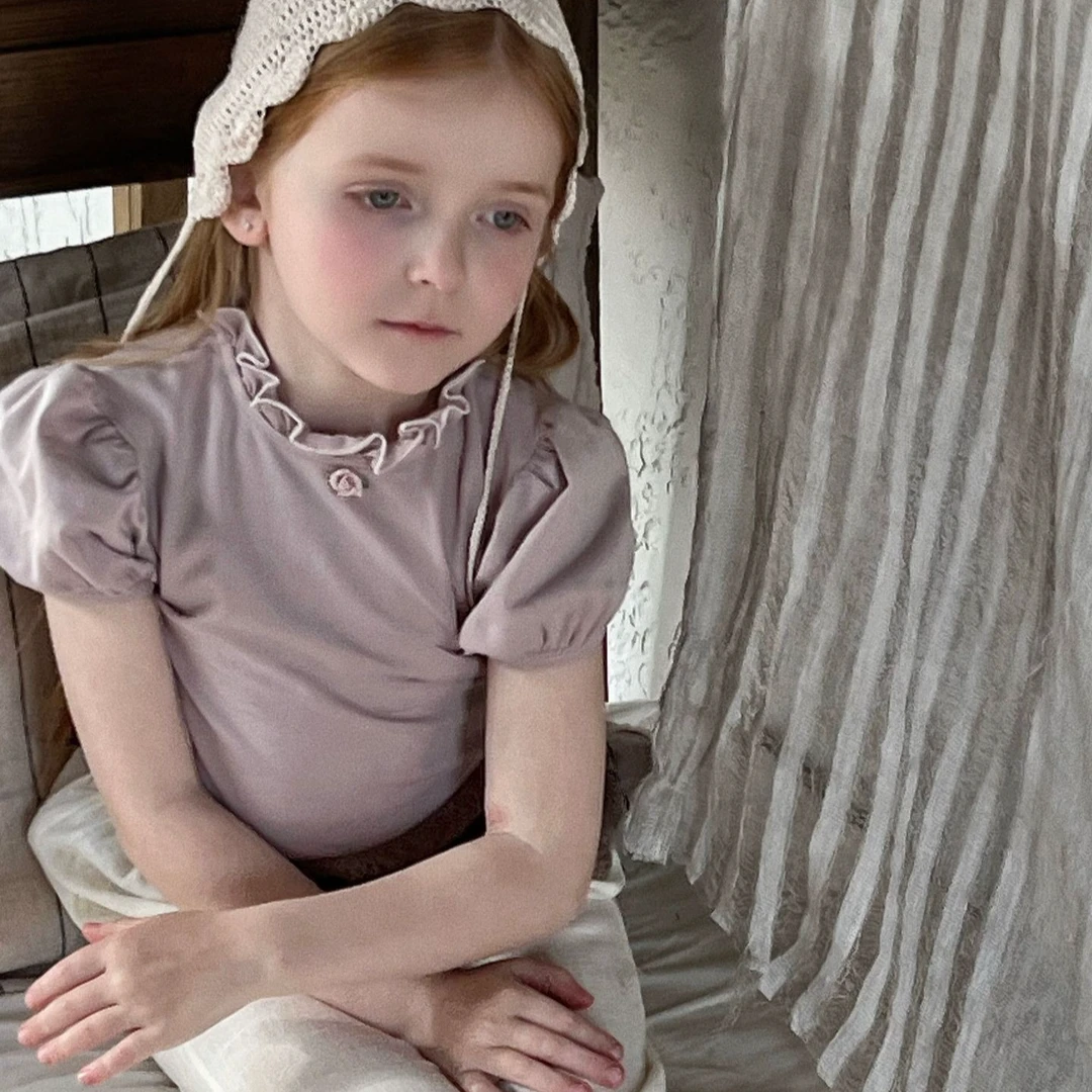 2024夏季新款儿童短袖复古花边领上衣