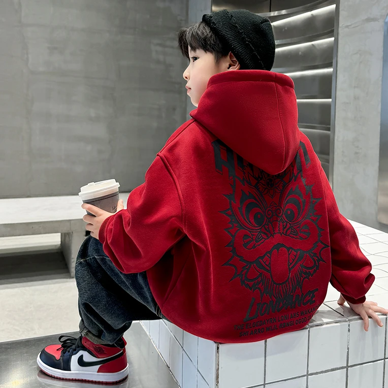 男童卫衣春秋款2025新款儿童新年红色上衣中大童喜庆秋装帽衫童装